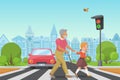 Helping senior old man. Little girl kid helps an old man to cross the road in city vector illustration. Royalty Free Stock Photo