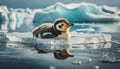 Helpless baby penguin floating on a tiny ice sheet in ocean, generated by AI