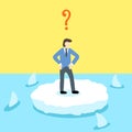 Helpless businessman stand alone on a small ice land which surrounded by sharks Royalty Free Stock Photo