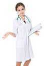 Helpless doctor woman shrug her shoulders