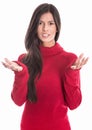 Helpless sad woman with a red pullover isolated on white