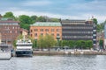 Helsinborg, Sweden - May, 2018: View of the city centre and the port of Helsingborg in Sweden. The ship is moored in port in