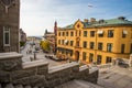 Helsinborg, Sweden: View of the city centre and the port of Helsingborg. The ship is moored in port in Helsingborg harbour