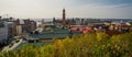 Helsinborg, Sweden: View of the city centre and the port of Helsingborg. The ship is moored in port in Helsingborg harbour