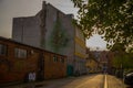 Helsingor, Denmark: Beautiful graffiti on the wall. Hamlet with Shakespeare`s skull. Street view with colorful buildings in Royalty Free Stock Photo