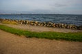 Helsingor, Denmark: Beautiful view from Denmark Kronborg Castle to the sea and rocks on the horizon Sweden and the port Royalty Free Stock Photo