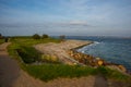 Helsingor, Denmark: Beautiful view from Denmark Kronborg Castle to the sea and rocks on the horizon Sweden and the port Royalty Free Stock Photo