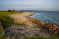 Helsingor, Denmark: Beautiful view from Denmark Kronborg Castle to the sea and rocks on the horizon Sweden and the port Royalty Free Stock Photo