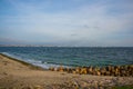 Helsingor, Denmark: Beautiful view from Denmark Kronborg Castle to the sea and rocks on the horizon Sweden and the port Royalty Free Stock Photo