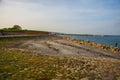 Helsingor, Denmark: Beautiful view from Denmark Kronborg Castle to the sea and rocks on the horizon Sweden and the port Royalty Free Stock Photo