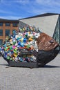 Golden bream, sculpture in the shape of a fish, created by plastic waste from the sea in Helsingor, Danmark