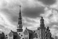 Helsingor. Denmark. 26 July. Towers of Kronborg Castle. Black and white photo. Denmark Landmarks Architecture Royalty Free Stock Photo