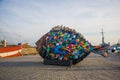 HELSINGOR, DENMARK: View of the Golden Bream from the Oresund yodogawa fish sculpture on the quay in Helsingor -Elsinore, home of