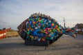 HELSINGOR, DENMARK: View of the Golden Bream from the Oresund yodogawa fish sculpture on the quay in Helsingor -Elsinore, home of