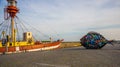 HELSINGOR, DENMARK: View of the Golden Bream from the Oresund yodogawa fish sculpture on the quay in Helsingor -Elsinore, home of