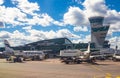 Helsinki Airport Finland 26.07.2019: Finnair airline technicians men load Luggage from container into the compartment in the tail Royalty Free Stock Photo