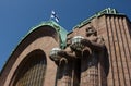 Helsinki central railway station statues and flag