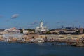 Helsinki cityscape shot from water with white Helsinki Cathedral and Market Square area Royalty Free Stock Photo