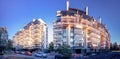 Helsinki, Finland- April 11, 2019: Modern block with beautiful flats illuminated by the evening sun Royalty Free Stock Photo