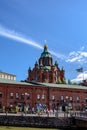 View to red brick Uspenski Cathedral standing on the rock