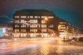 Helsinki, Finland. Bright Blue Starry Sky Above Buildings On Corner Of Arkadiankatu Street And Mannerheimintie Or