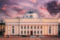 Helsinki, Finland. Bright Light Magenta Dramatic Sky With Shining Stars. Light Purple Color Sky. View Of National