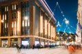 Helsinki, Finland. Building Of Department Store On Aleksanterinkatu Street In Evening Or Night Christmas Xmas New Year