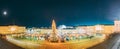 Helsinki, Finland. Christmas Xmas Market With Christmas Tree On Senate Square In Evening Night Illuminations. Panorama