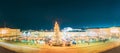 Helsinki, Finland. Christmas Xmas Market With Christmas Tree On Senate Square In Evening Night Illuminations. Panorama Royalty Free Stock Photo