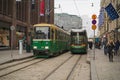 Helsinki, Finland - Circa march 2018: old and new tram in Helsinki, public transport