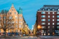 Helsinki, Finland. Residential House Building At Intersection Of Merikatu, Neitsytpolku And Puistokatu Streets In Winter Royalty Free Stock Photo