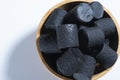 Traditional Finnish cuisine: A bowl of sweet black licorice against a white background