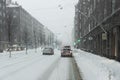 Helsinki, Finland. January 12, 2021. Heavy snowfall, hurricane, poor visibility. Photo through the windshield of a car.