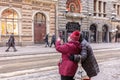 Helsinki. Finland. January 19, 2021 Two girlfriends are on the street, older women take a selfie