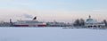 HELSINKI, FINLAND - January 08, 2015: Viking Line passenger cruise ship departing the port of Helsinki in winter