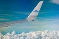 Helsinki, Finland - 7 July 2021: KLM Plain wing over blue sky. Flight from Helsinki to Amsterdam