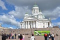 HELSINKI / FINLAND - July 20, 2013: White Helsinki Cathedral, the evangelical lutheran church. At the picture are many people and Royalty Free Stock Photo