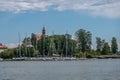 Yacht harbor with Restaurant Saaristo tower, Helsinki, Finland Royalty Free Stock Photo