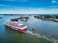 HELSINKI, FINLAND - JUNE 23, 2019: Aerial view of Viking line ferry boat Gabriella leaving port in Helsinki, Finland