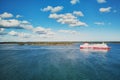 HELSINKI, FINLAND - JUNE 23, 2019: view of Viking line ferry boat leaving port in Helsinki, Finland Royalty Free Stock Photo