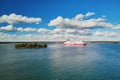 HELSINKI, FINLAND - JUNE 23, 2019: view of Viking line ferry boat leaving port in Helsinki, Finland Royalty Free Stock Photo