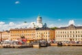 Helsinki, Finland - 12 June 2022: panorama of the Market Square Kauppatori in the port of Helsinki. View from sea Royalty Free Stock Photo