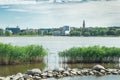 Helsinki, Finland - June 12, 2019: Toolo bay in the City Park in Helsinki, Finlandia Hall congress and event venue can be seen Royalty Free Stock Photo