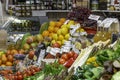 Helsinki, Finland - March 19, 2019: Various vegetables and food jars in the Market Hall