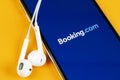 Booking.com application icon on Apple iPhone X screen close-up. Booking app icon. Booking.com. Social media app. Social network Royalty Free Stock Photo