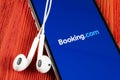 Booking.com application icon on Apple iPhone X screen close-up. Booking app icon. Booking.com. Social media app. Social network Royalty Free Stock Photo