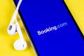 Booking.com application icon on Apple iPhone X screen close-up. Booking app icon. Booking.com. Social media app. Social network Royalty Free Stock Photo