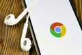 Google Chrome application icon on Apple iPhone X screen close-up. Google Chrome app icon. Google Chrome application. Social media