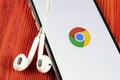 Google Chrome application icon on Apple iPhone X screen close-up. Google Chrome app icon. Google Chrome application. Social media Royalty Free Stock Photo