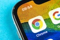 Google Chrome application icon on Apple iPhone X screen close-up. Google Chrome app icon. Google Chrome application. Social media Royalty Free Stock Photo